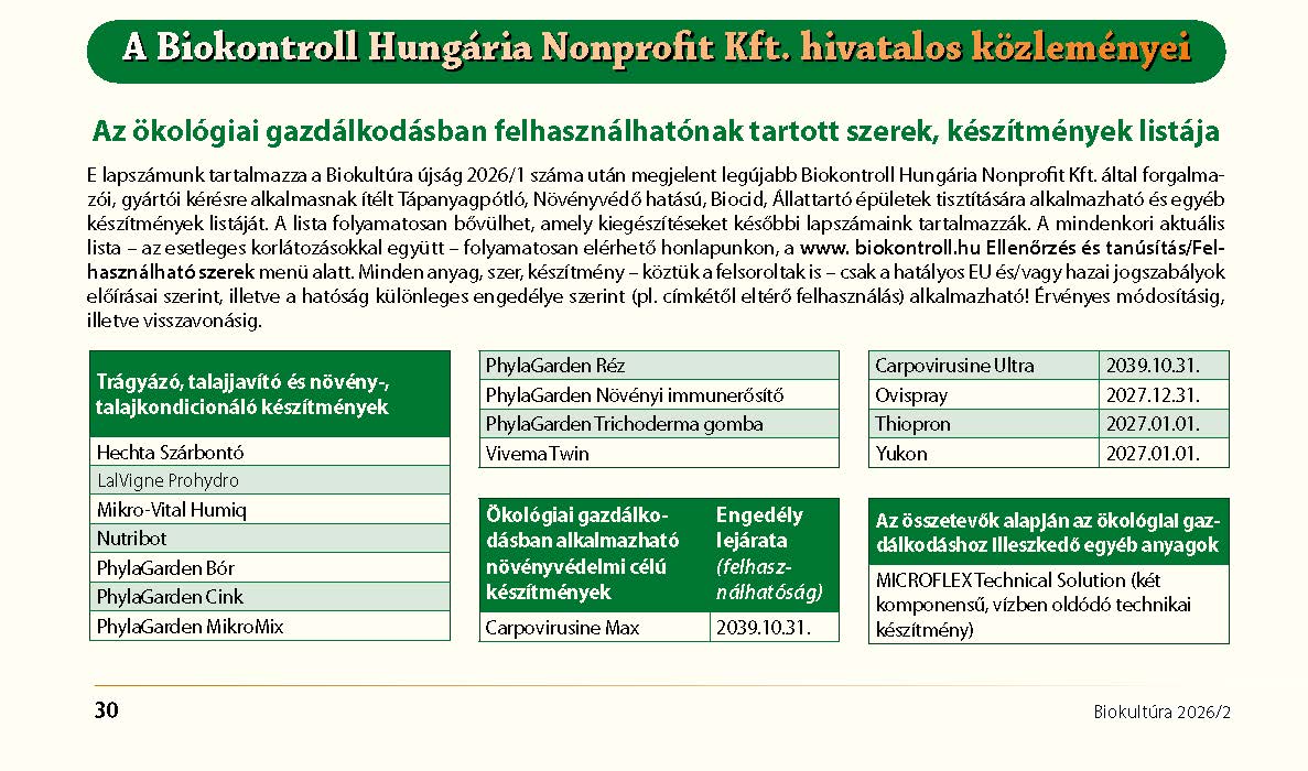 Hivatalos közlemények (Biokultúra 2026/1)