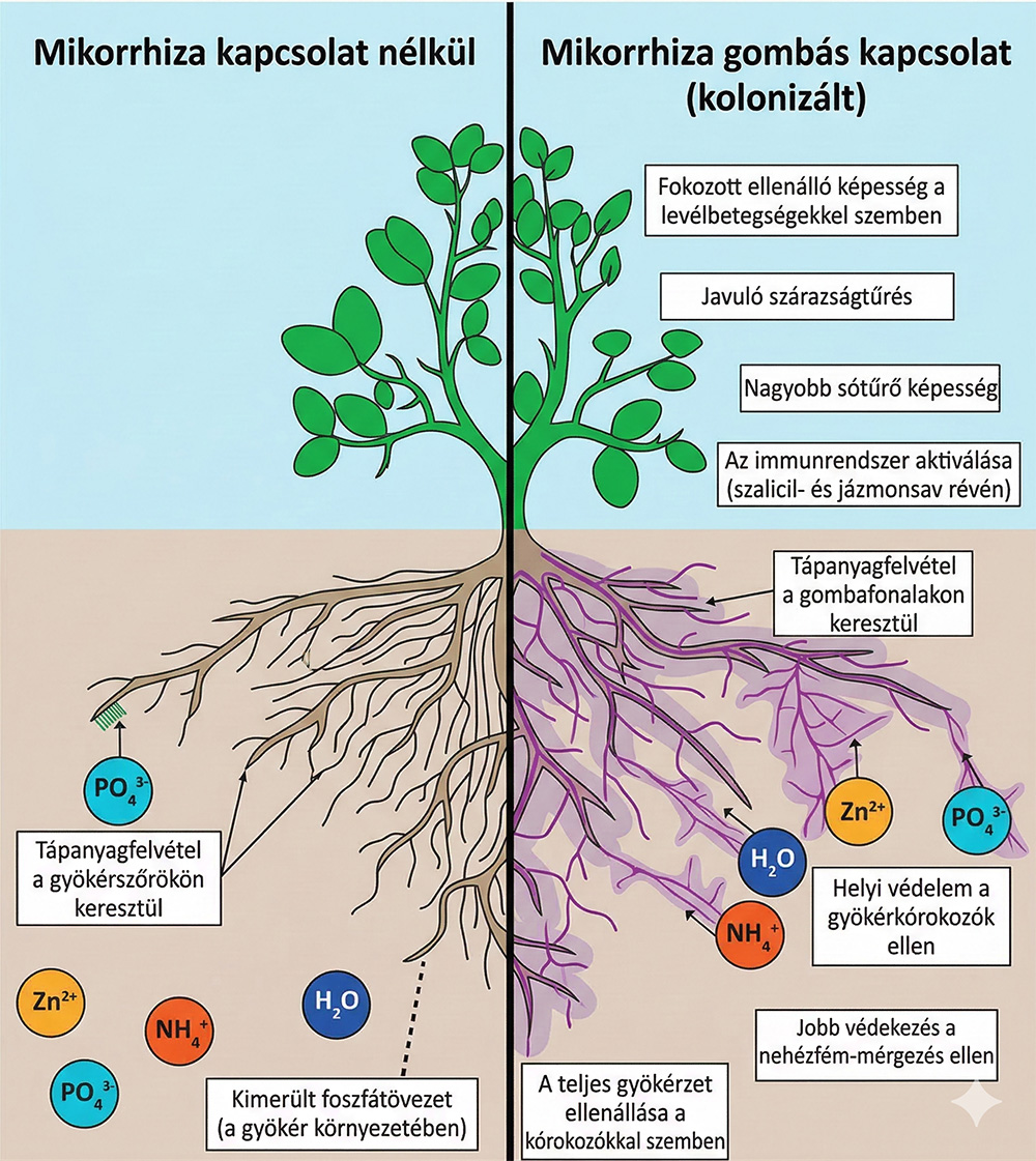 Az arbszukkuláris mikorrhiza kolonizáció pozitív hatásai (Jacott és munkatársai, 2017) (Forrás: https://turf.umn.edu/news/arbuscular-mycorrhizal-fungi-tiny-friends-big-impact)